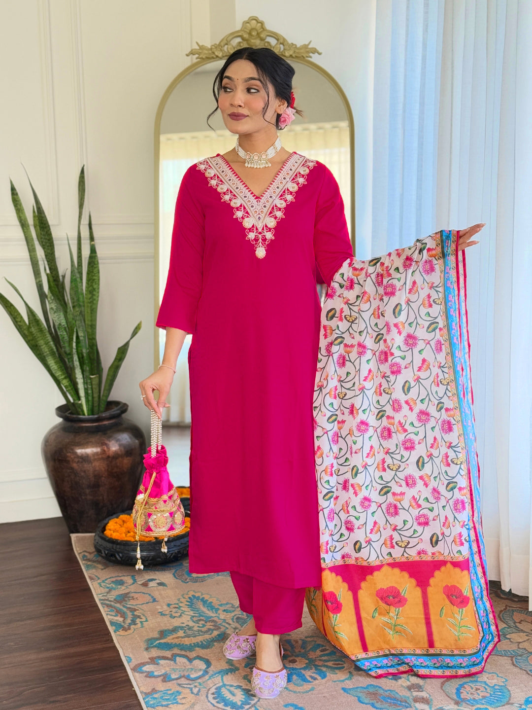 The52 Thread Work Rayon Fabric Straight Kurta, Pant and Dupatta Set - Swadesiicart