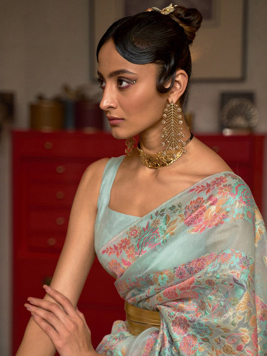 Mitera Turquoise Blue & Pink Floral Zari Silk Blend Banarasi Saree | Swadesiicart