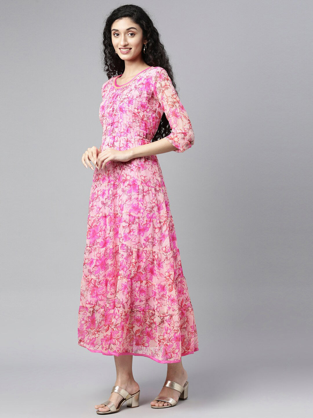 Souchii Beautiful Pink & peaches n cream Floral Layered Chiffon Midi Dress - Swadesiicart