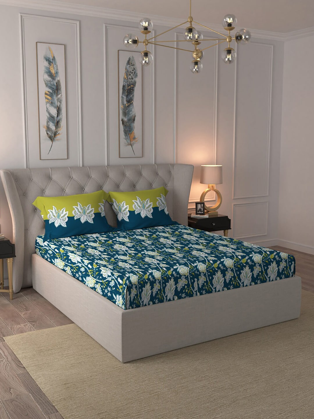MYTRIDENT Blue White Floral Cotton 144 TC Queen Bedsheet With 2 Pillow Covers - Swadesiicart