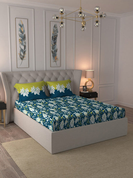 MYTRIDENT Blue White Floral Cotton 144 TC Queen Bedsheet With 2 Pillow Covers - Swadesiicart