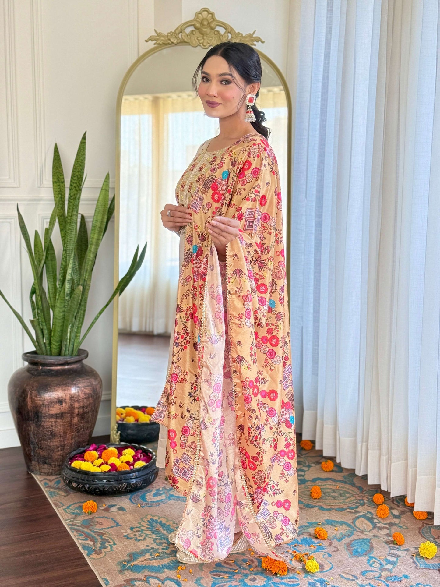 The52 Embroidered Rayon Fabric Straight Kurta, Pant and Dupatta Set - Swadesiicart