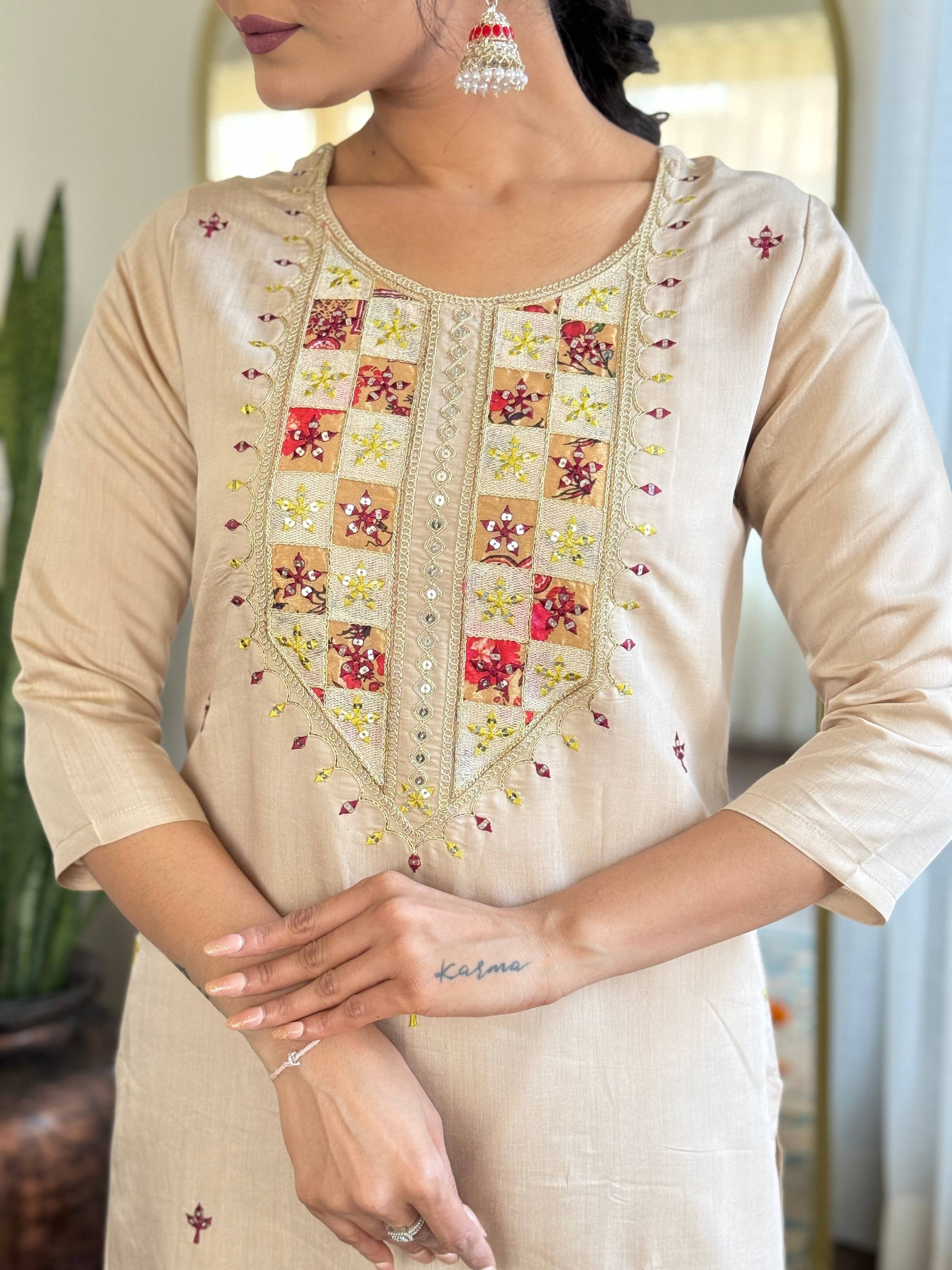 The52 Embroidered Rayon Fabric Straight Kurta, Pant and Dupatta Set - Swadesiicart