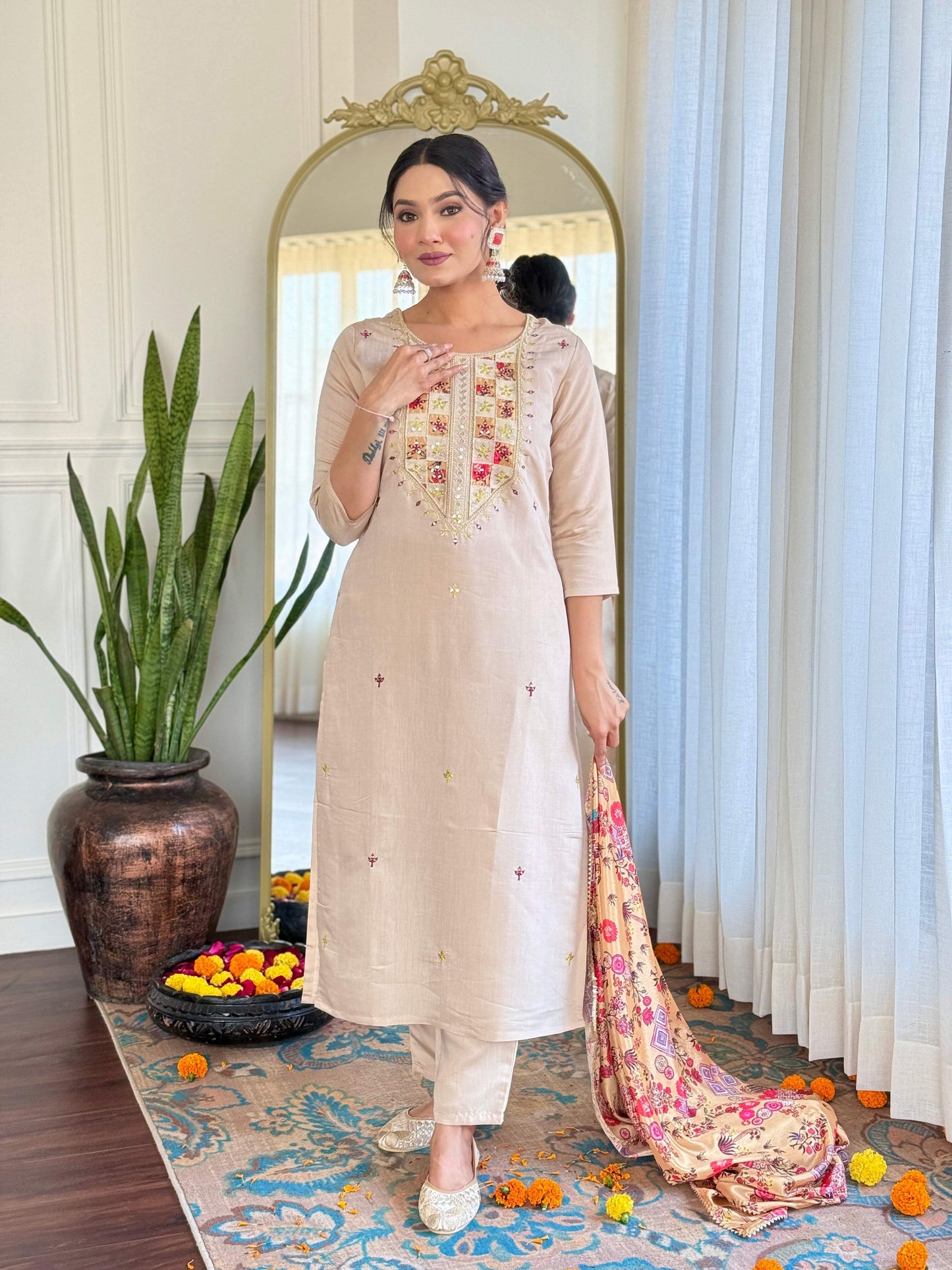The52 Embroidered Rayon Fabric Straight Kurta, Pant and Dupatta Set - Swadesiicart
