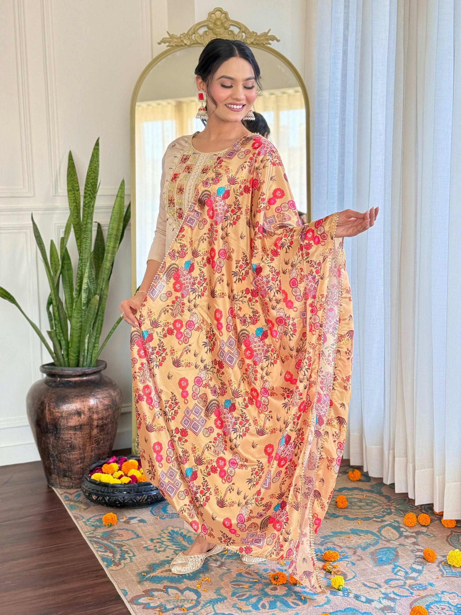 The52 Embroidered Rayon Fabric Straight Kurta, Pant and Dupatta Set - Swadesiicart
