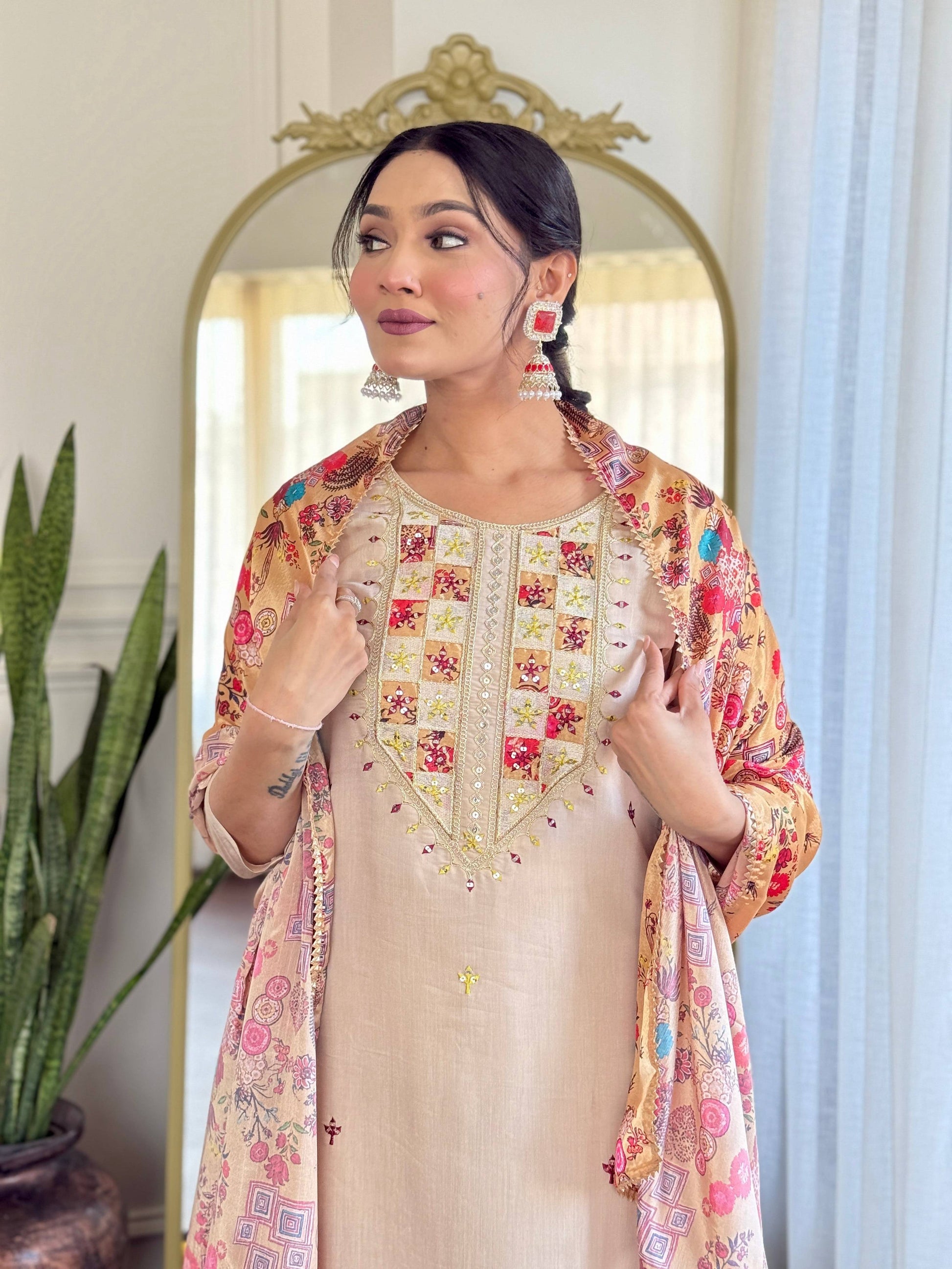 The52 Embroidered Rayon Fabric Straight Kurta, Pant and Dupatta Set - Swadesiicart