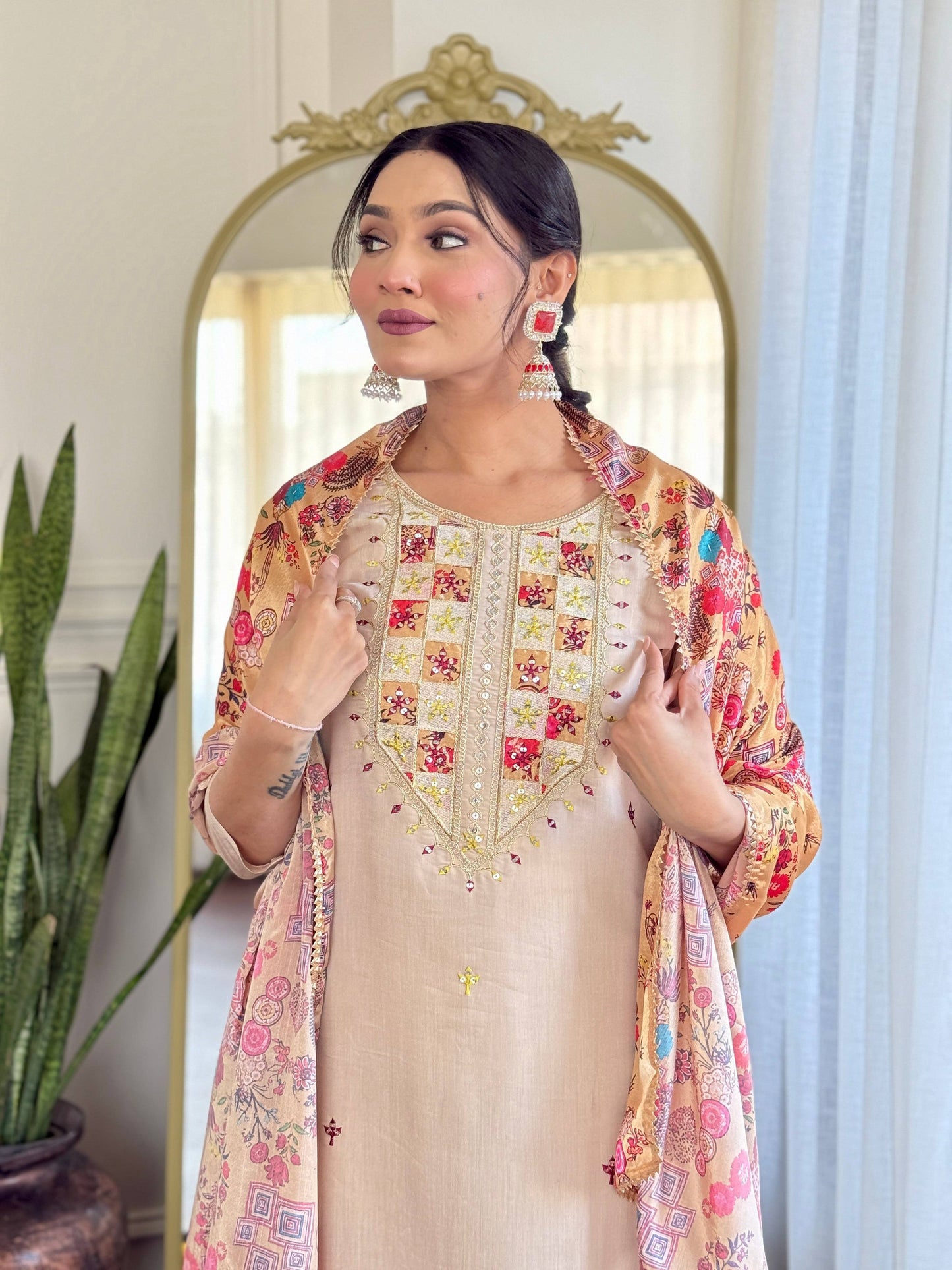 The52 Embroidered Rayon Fabric Straight Kurta, Pant and Dupatta Set - Swadesiicart