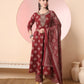 Yufta Maroon Pure Cotton Chikankari Anarkali Kurta Dupatta Pant Set | Swadesiicart