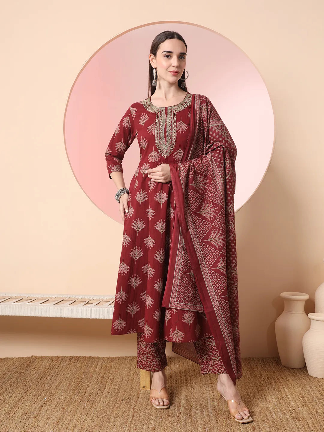 Yufta Maroon Pure Cotton Chikankari Anarkali Kurta Dupatta Pant Set | Swadesiicart