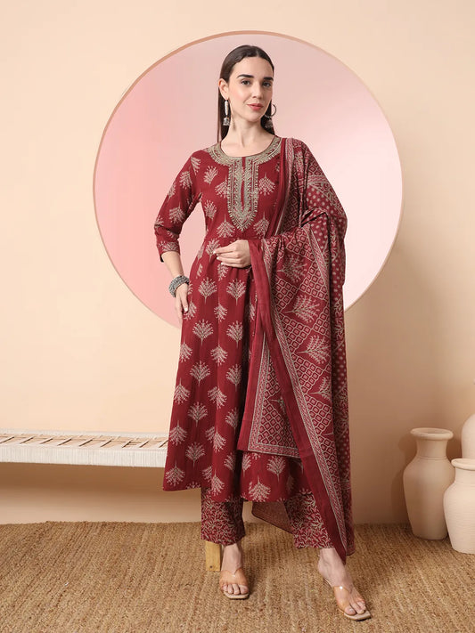Yufta Maroon Pure Cotton Chikankari Anarkali Kurta Dupatta Pant Set | Swadesiicart