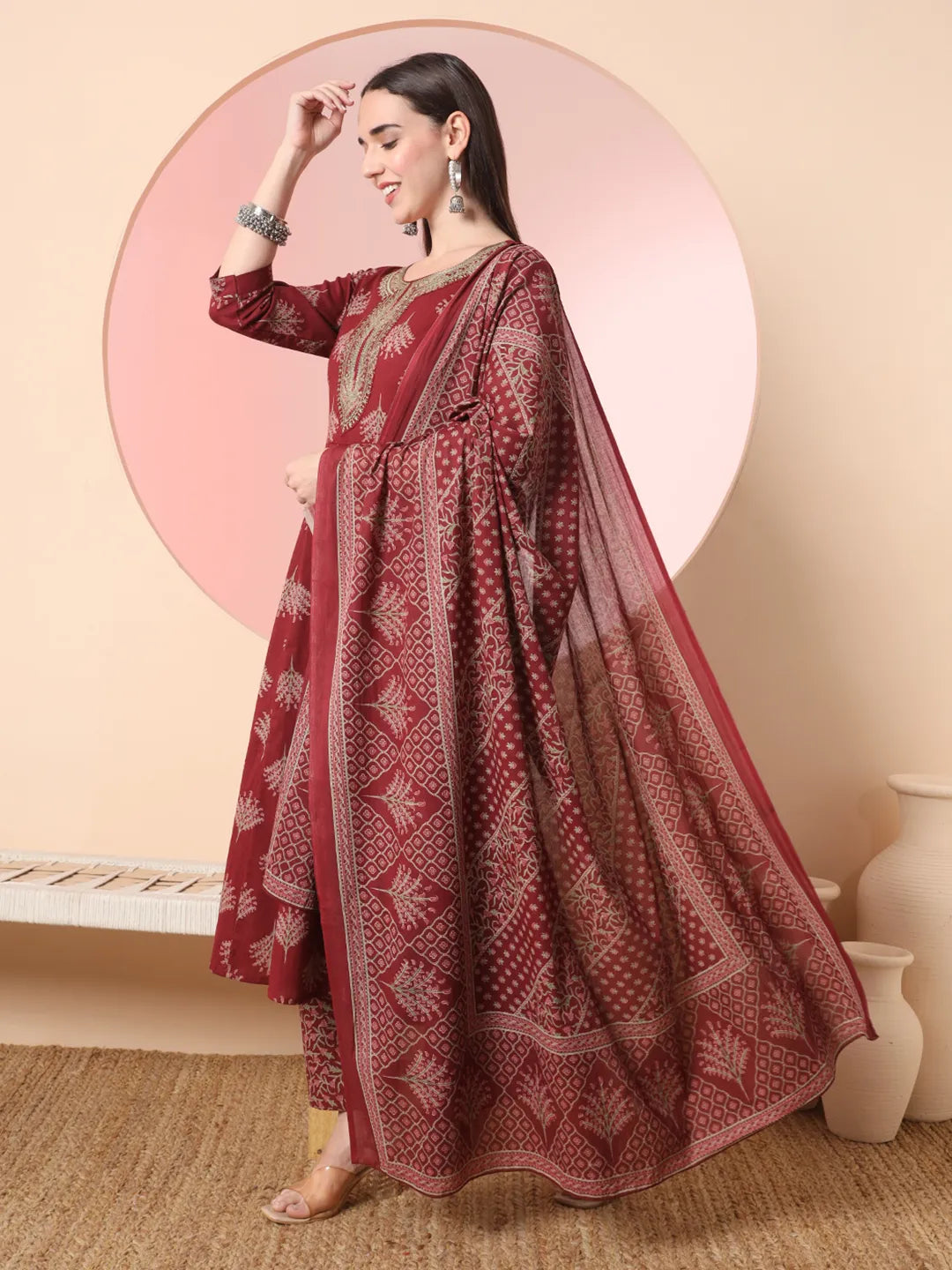 Yufta Maroon Pure Cotton Chikankari Anarkali Kurta Dupatta Pant Set | Swadesiicart