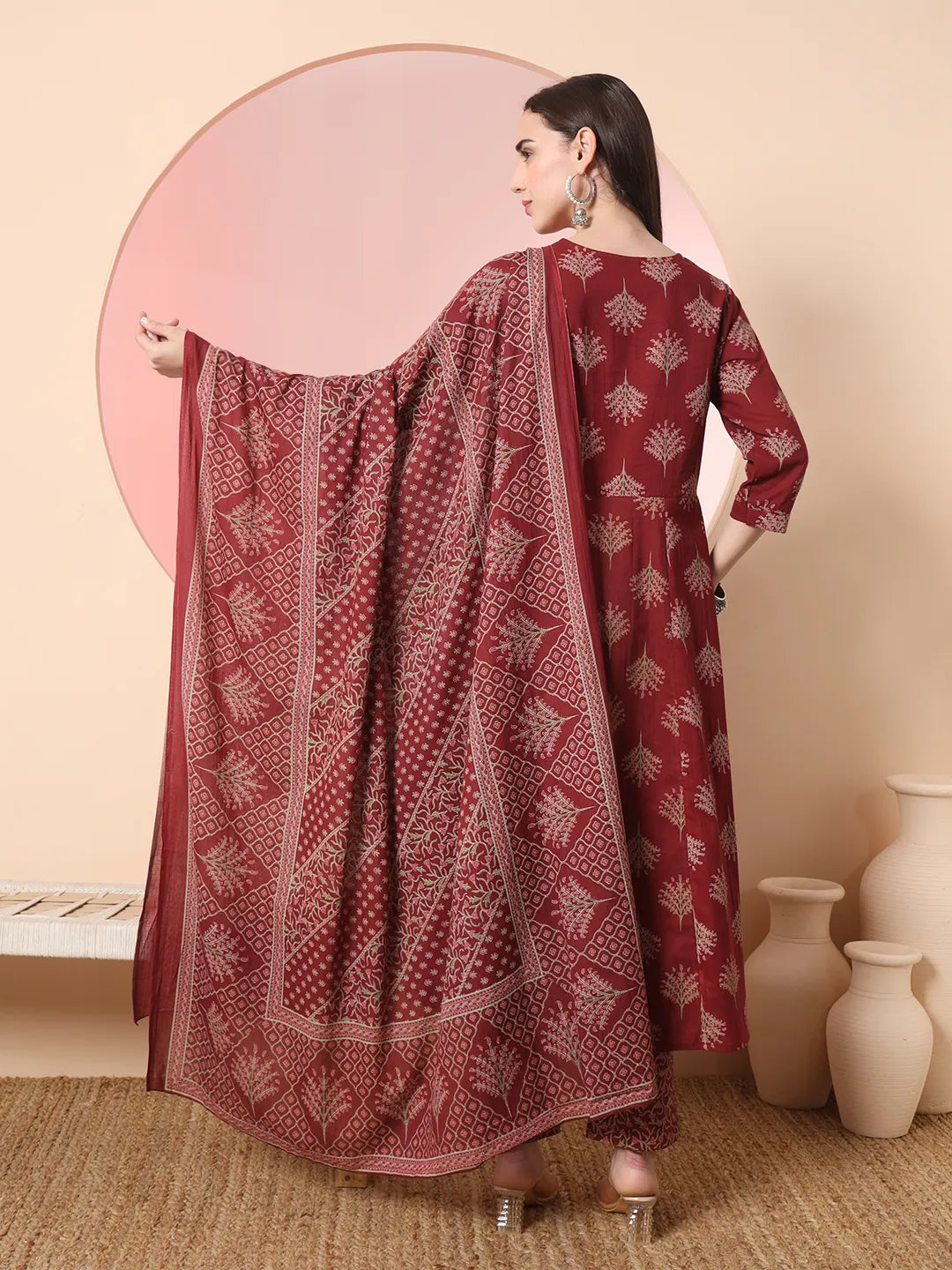 Yufta Maroon Pure Cotton Chikankari Anarkali Kurta Dupatta Pant Set | Swadesiicart