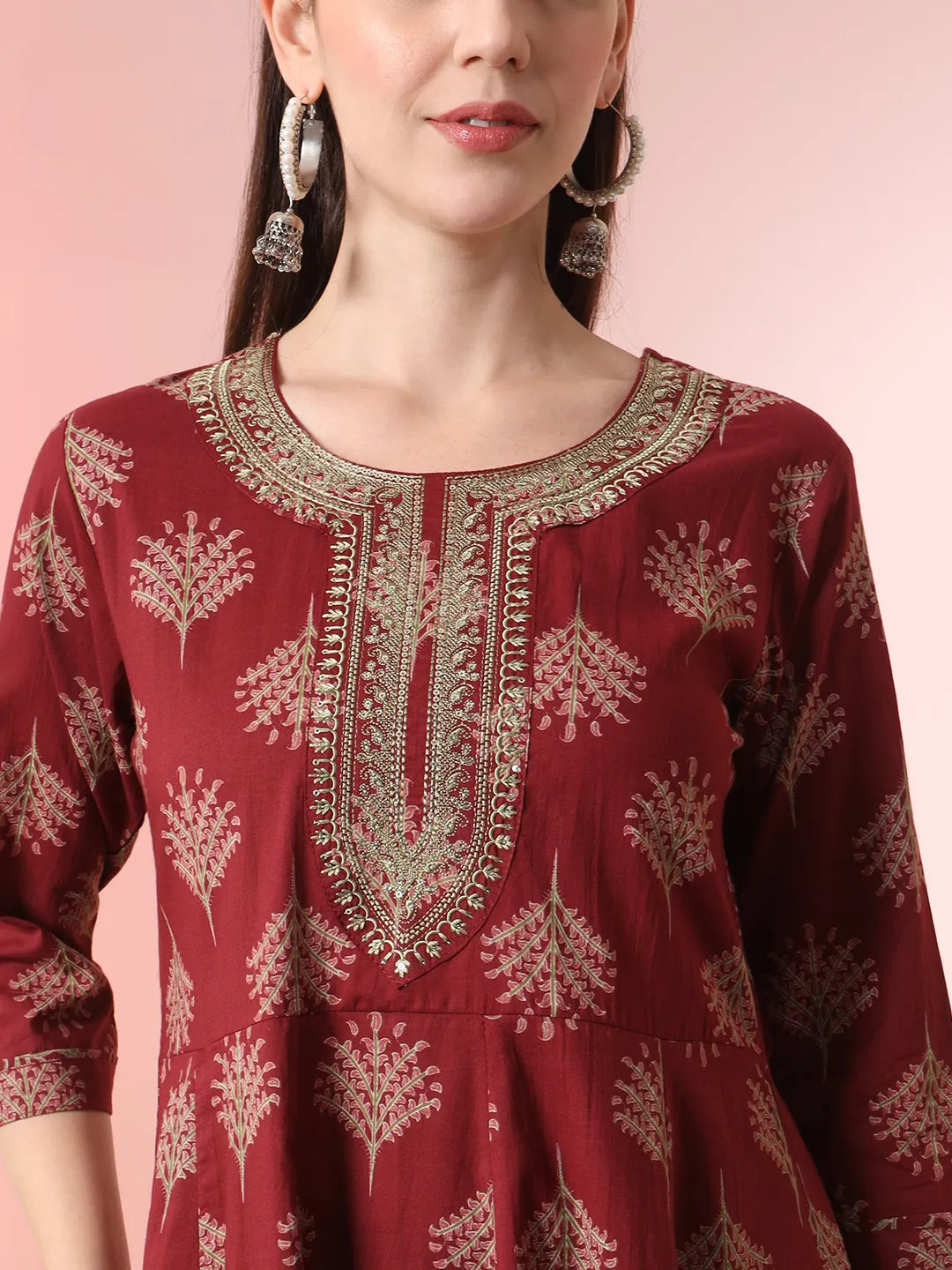 Yufta Maroon Pure Cotton Chikankari Anarkali Kurta Dupatta Pant Set | Swadesiicart