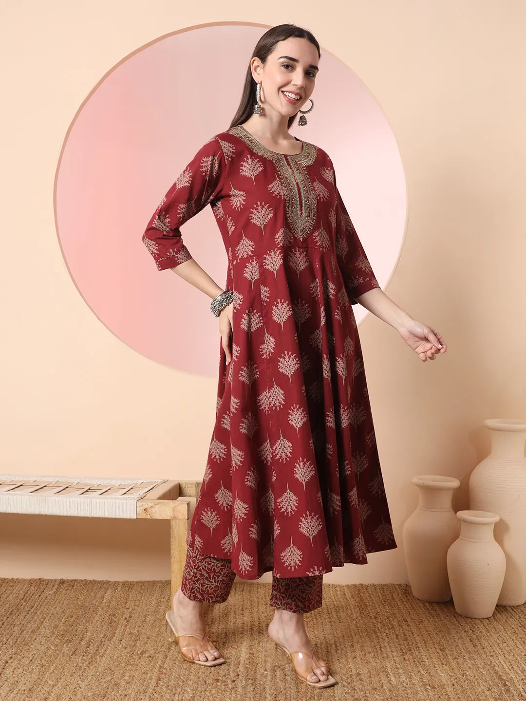 Yufta Maroon Pure Cotton Chikankari Anarkali Kurta Dupatta Pant Set | Swadesiicart