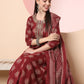 Yufta Maroon Pure Cotton Chikankari Anarkali Kurta Dupatta Pant Set | Swadesiicart