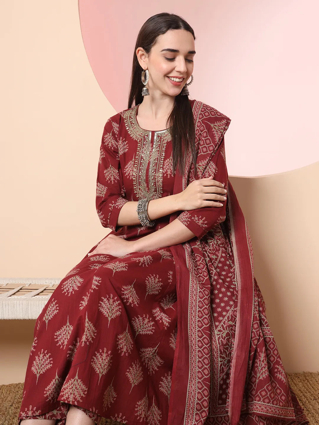 Yufta Maroon Pure Cotton Chikankari Anarkali Kurta Dupatta Pant Set | Swadesiicart