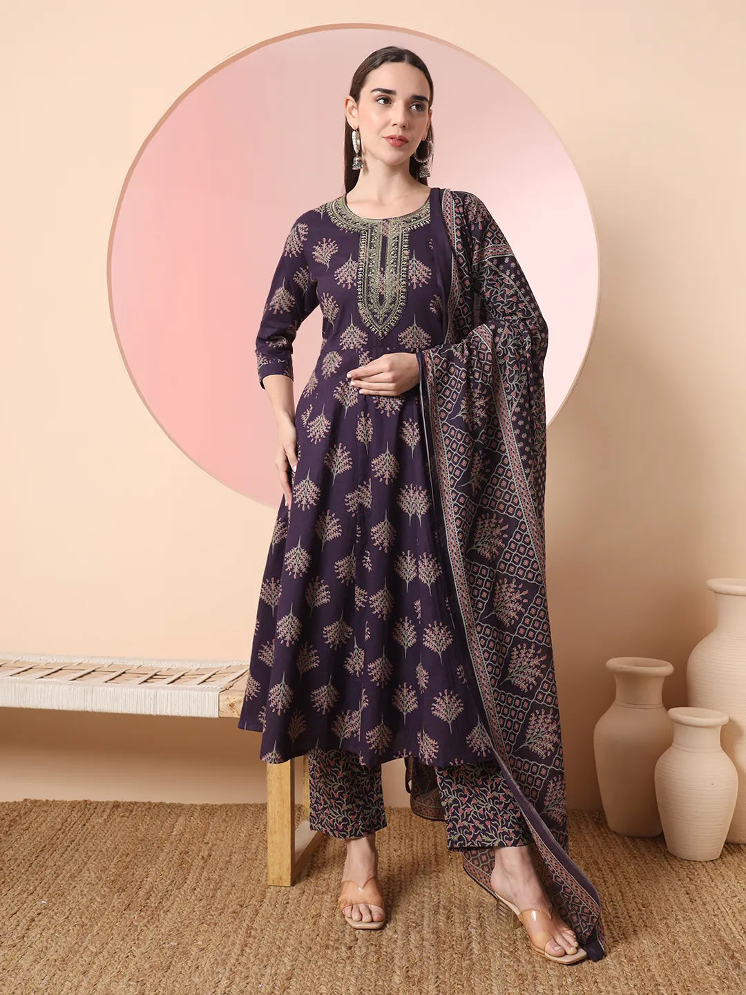 Yufta Purple Pure Cotton Chikankari Anarkali Kurta Dupatta Pant Set | Swadesiicart