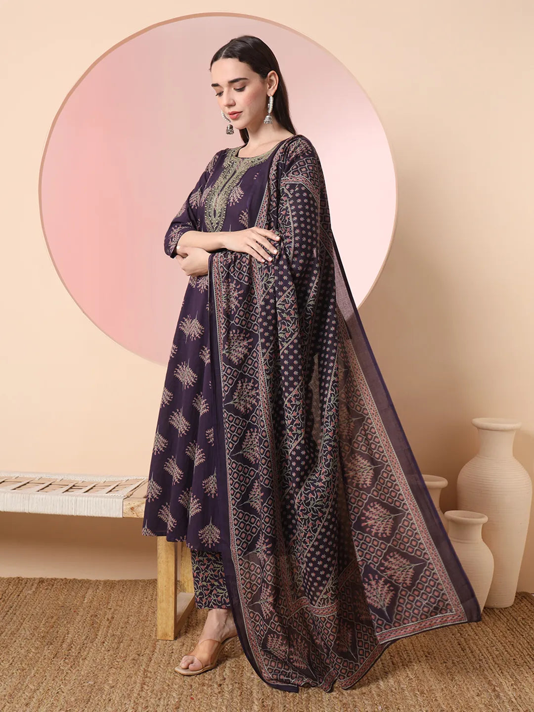 Yufta Purple Pure Cotton Chikankari Anarkali Kurta Dupatta Pant Set | Swadesiicart