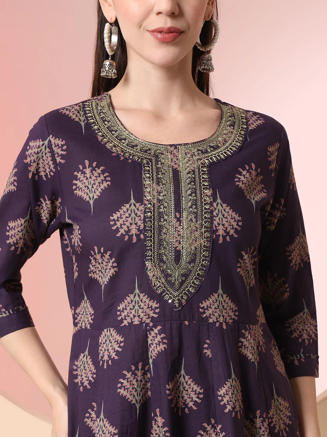 Yufta Purple Pure Cotton Chikankari Anarkali Kurta Dupatta Pant Set | Swadesiicart