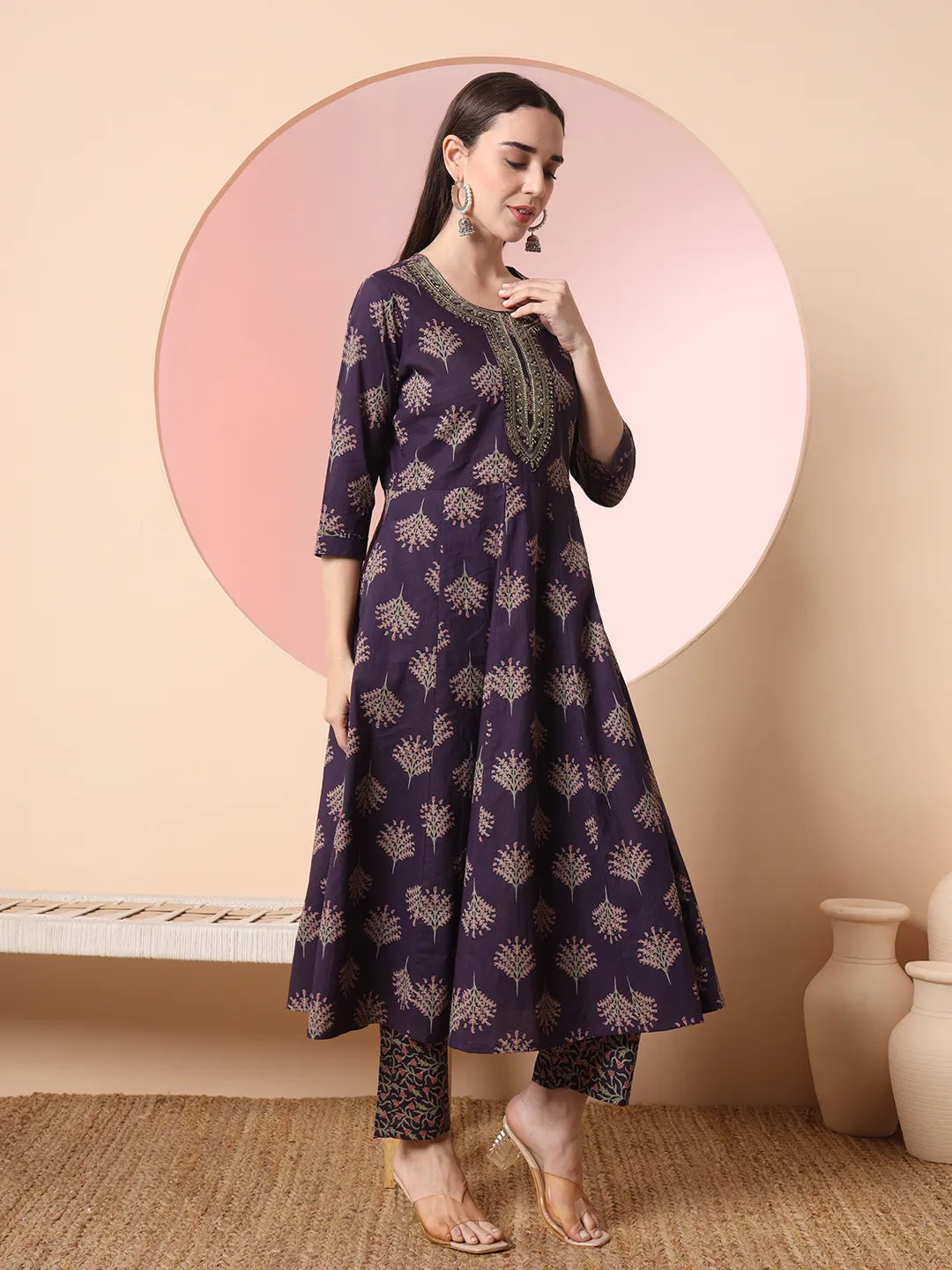 Yufta Purple Pure Cotton Chikankari Anarkali Kurta Dupatta Pant Set | Swadesiicart