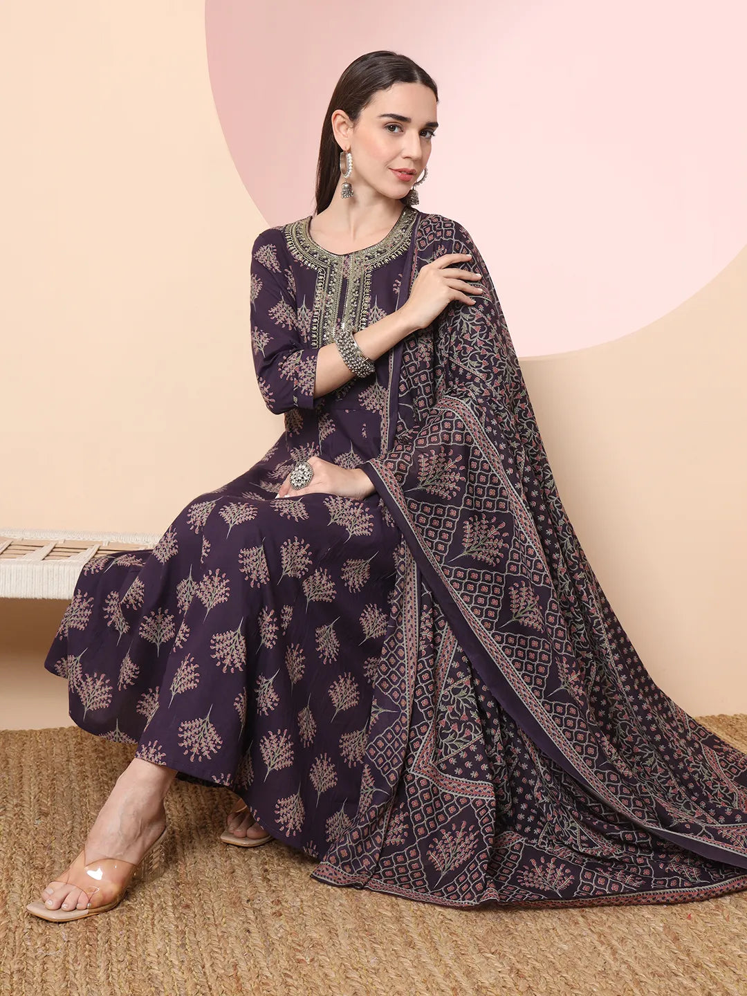 Yufta Purple Pure Cotton Chikankari Anarkali Kurta Dupatta Pant Set | Swadesiicart