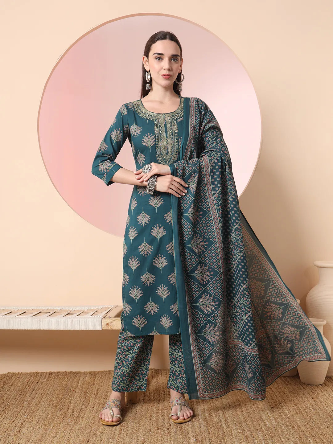 Yufta Green Pure Cotton Chikankari Straight Kurta Dupatta Pant Set | Swadesiicart