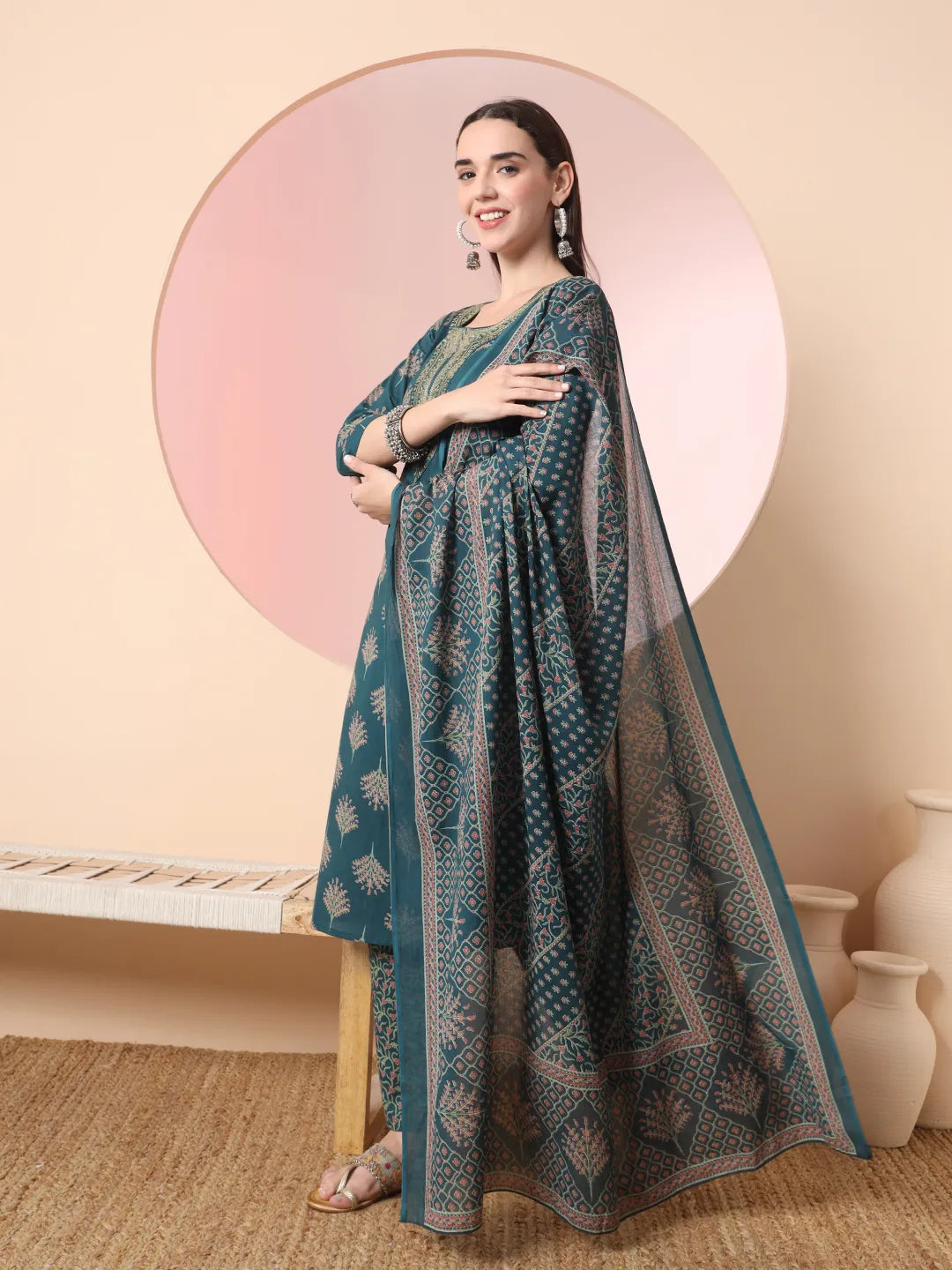 Yufta Green Pure Cotton Chikankari Straight Kurta Dupatta Pant Set | Swadesiicart