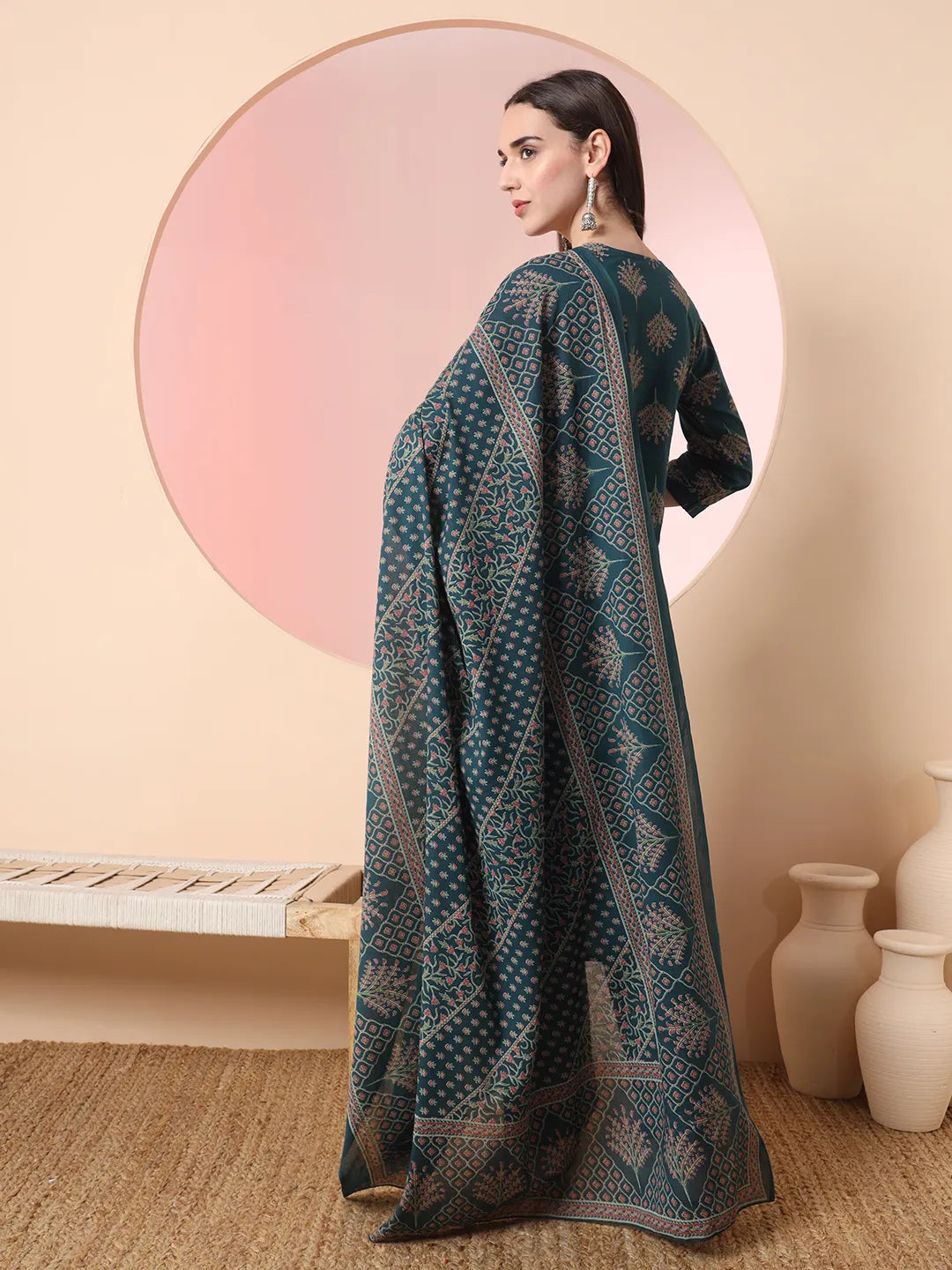 Yufta Green Pure Cotton Chikankari Straight Kurta Dupatta Pant Set | Swadesiicart