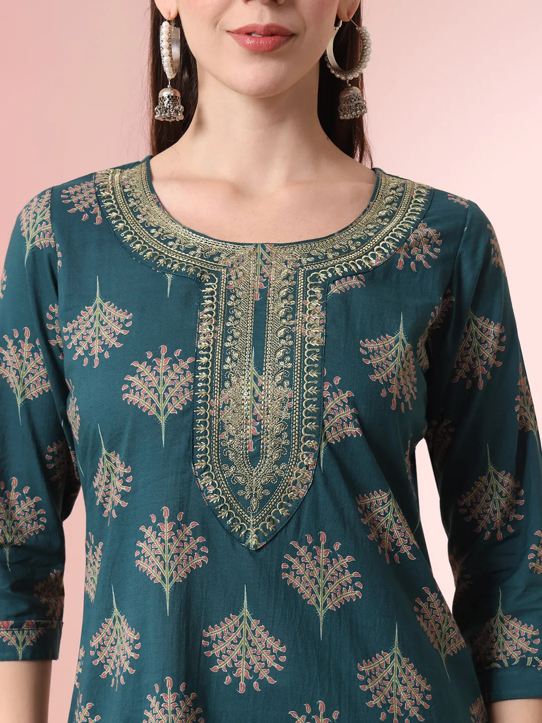 Yufta Green Pure Cotton Chikankari Straight Kurta Dupatta Pant Set | Swadesiicart