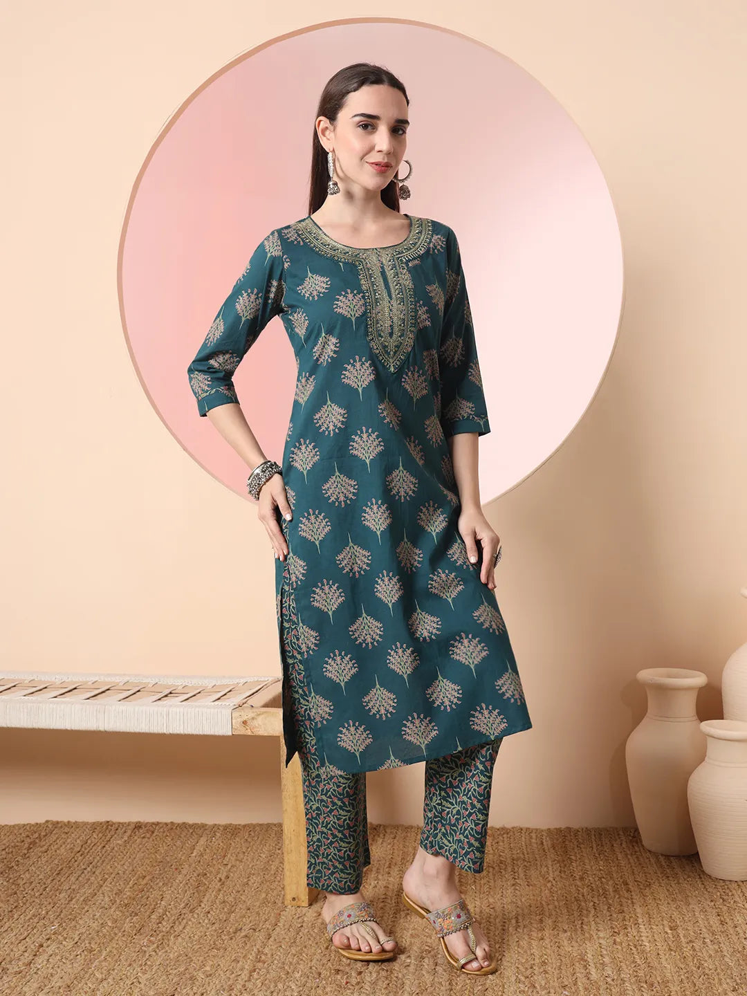 Yufta Green Pure Cotton Chikankari Straight Kurta Dupatta Pant Set | Swadesiicart