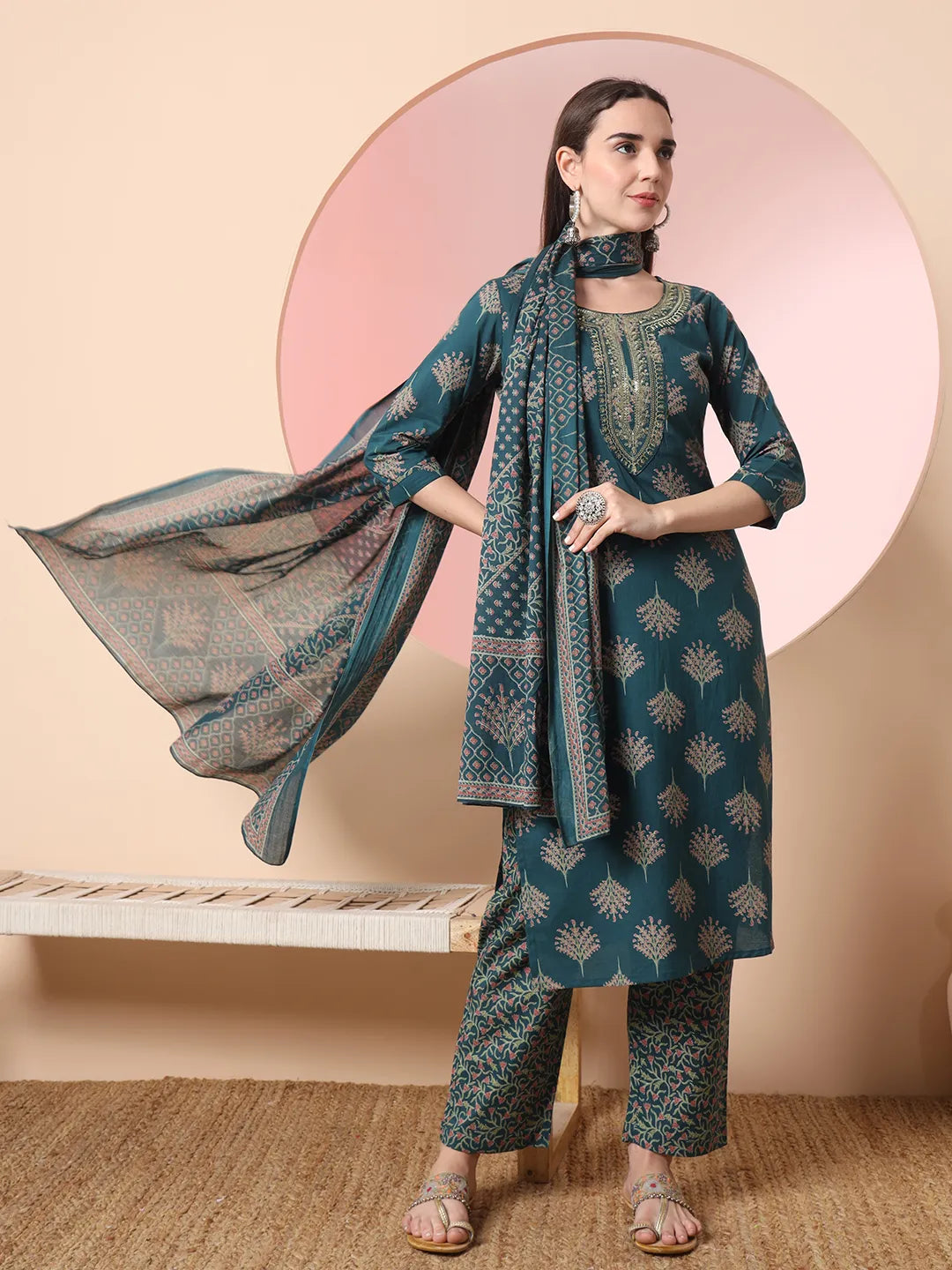 Yufta Green Pure Cotton Chikankari Straight Kurta Dupatta Pant Set | Swadesiicart
