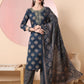 Yufta Teal Blue Pure Cotton Chikankari Straight Kurta Dupatta Pant Set | Swadesiicart