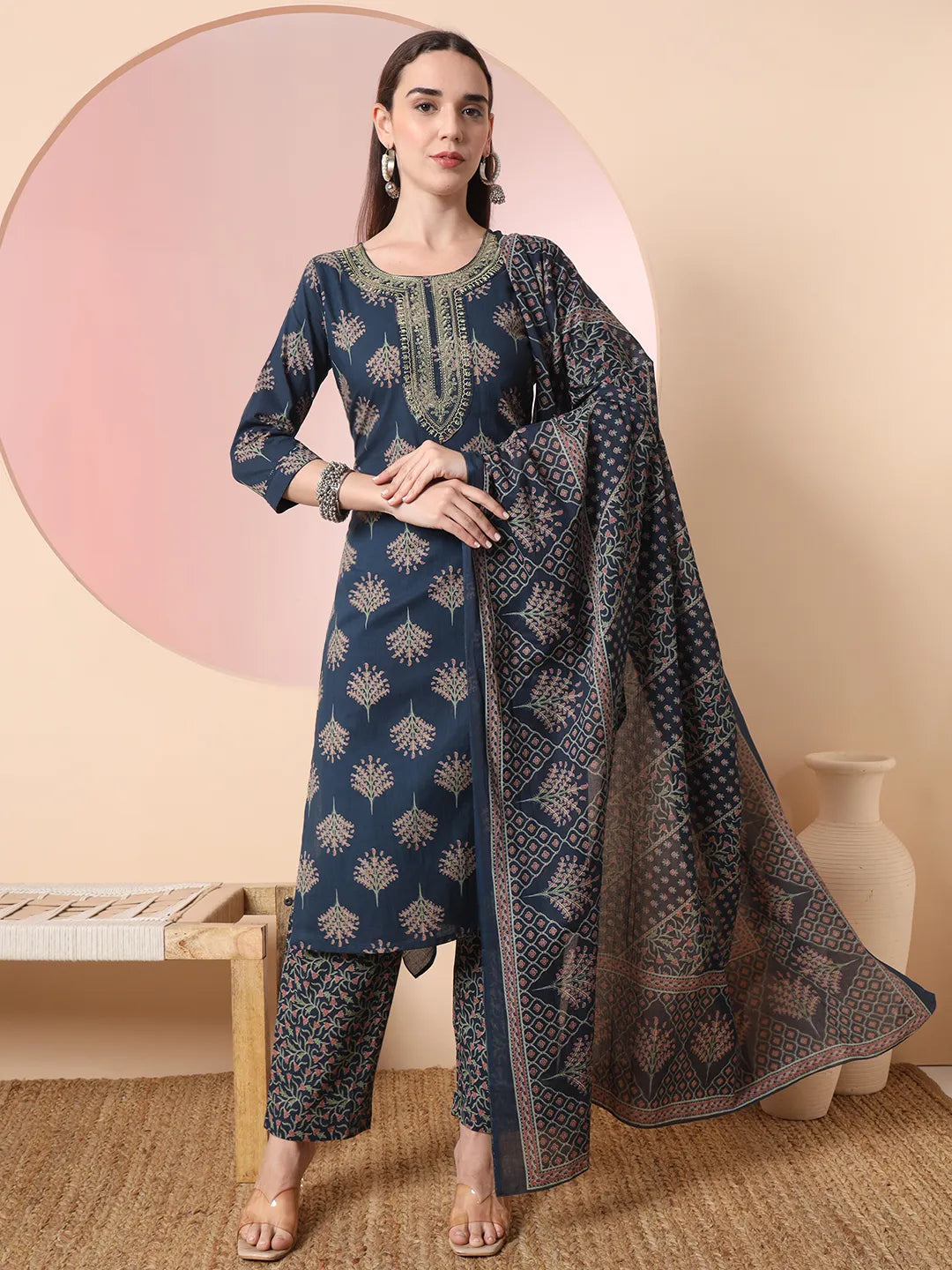 Yufta Teal Blue Pure Cotton Chikankari Straight Kurta Dupatta Pant Set | Swadesiicart