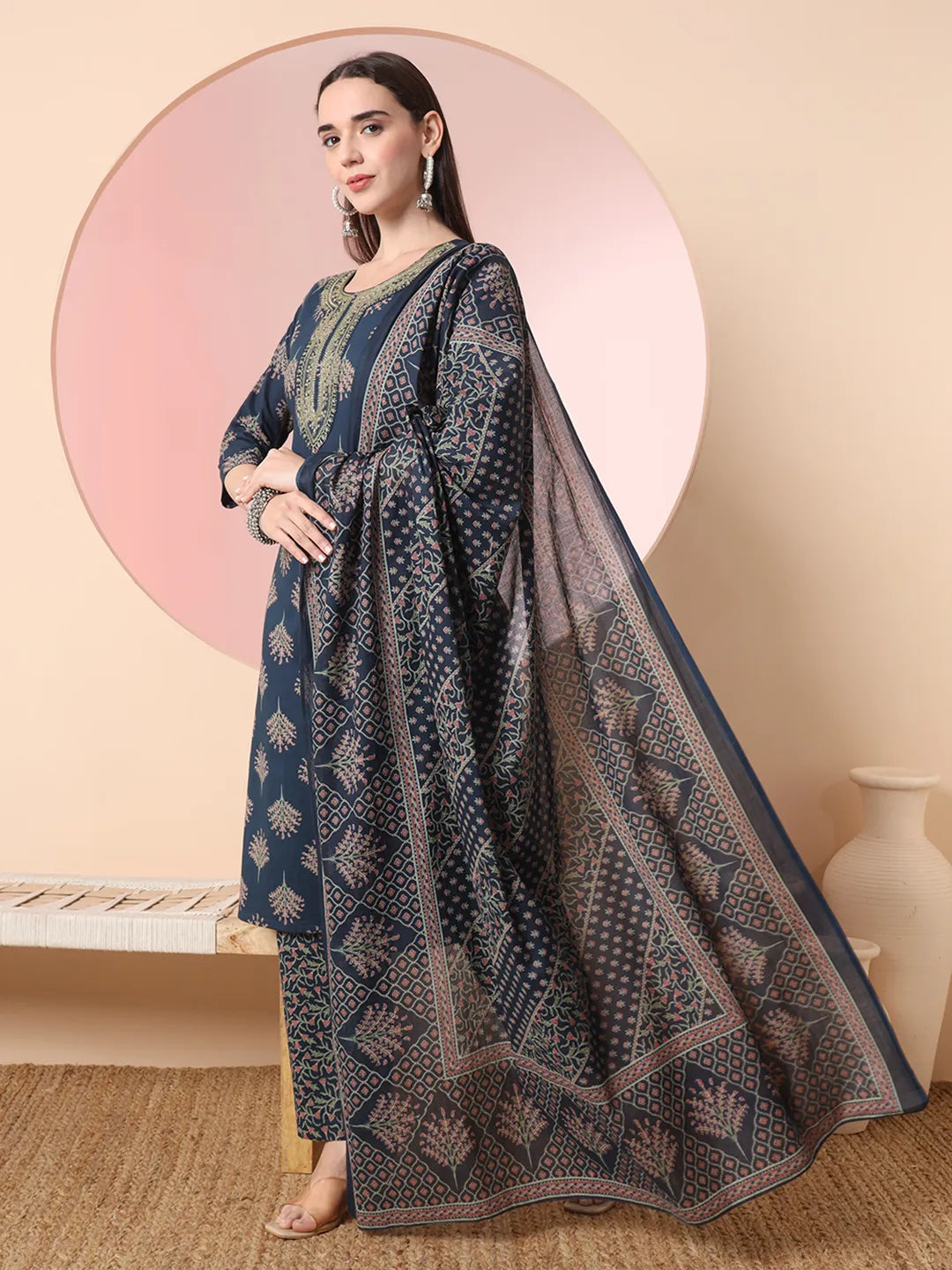 Yufta Teal Blue Pure Cotton Chikankari Straight Kurta Dupatta Pant Set | Swadesiicart