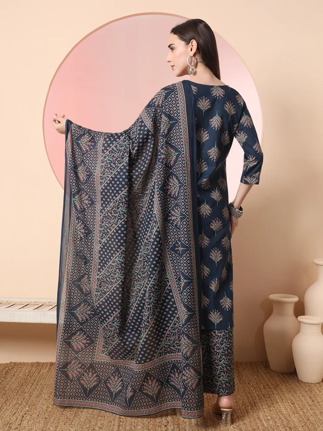 Yufta Teal Blue Pure Cotton Chikankari Straight Kurta Dupatta Pant Set | Swadesiicart