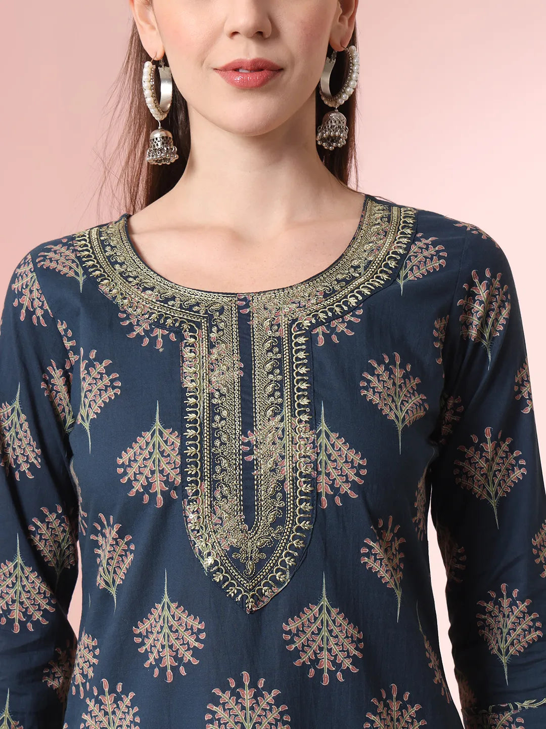 Yufta Teal Blue Pure Cotton Chikankari Straight Kurta Dupatta Pant Set | Swadesiicart