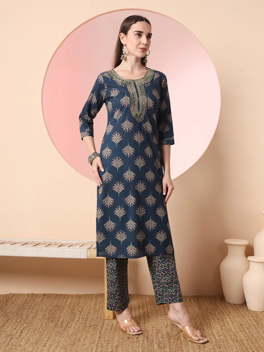 Yufta Teal Blue Pure Cotton Chikankari Straight Kurta Dupatta Pant Set | Swadesiicart