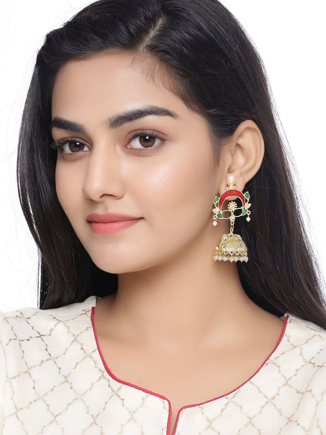 Shoshaa Gold-Polished & Red Enamelled Classic Jhumkas | Swadesiicart