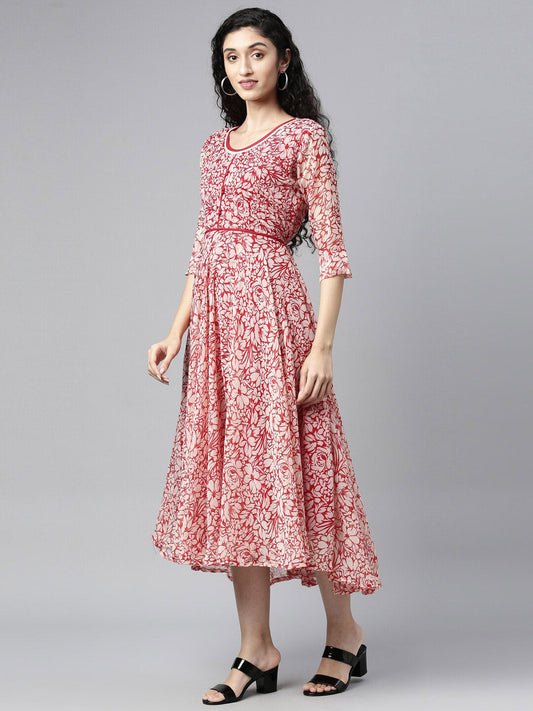 Souchii White & Red Floral Layered Chiffon Beautiful Midi Dress - Swadesiicart