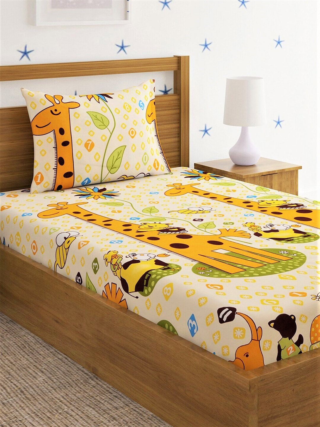 Home Sizzler Yellow & Orange Cartoon Characters 210 TC Single Bedsheet with 1 Pillow Covers - Swadesiicart