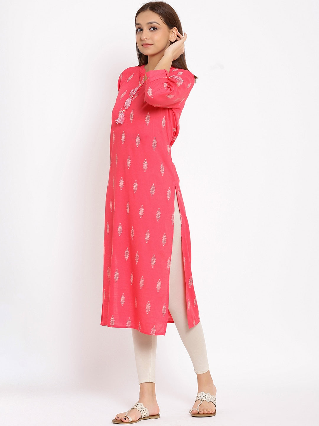 HERE&NOW Pink Mandarin Collar Ethnic Motifs Printed Pure Cotton Kurta - Swadesiicart
