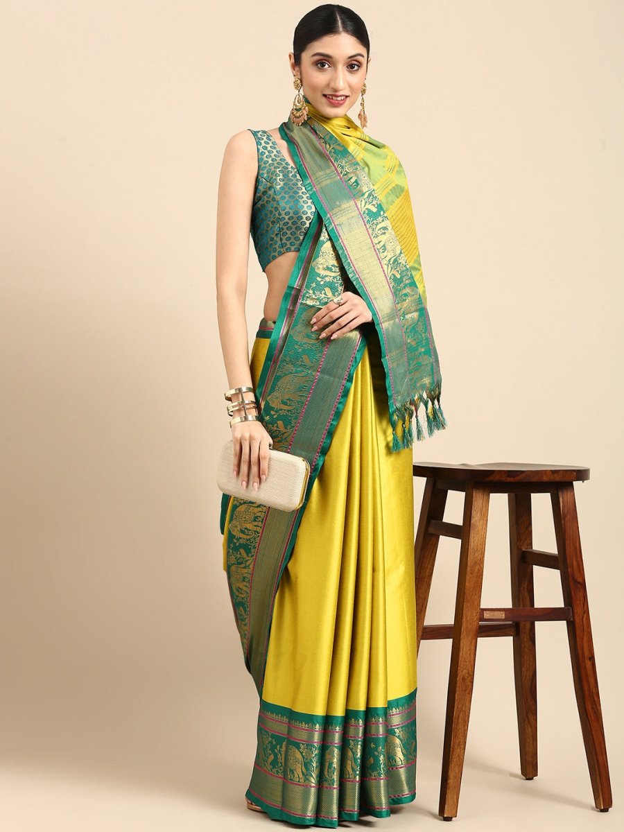 Anouk Yellow Zari Pure Silk Banarasi Saree | Swadesiicart