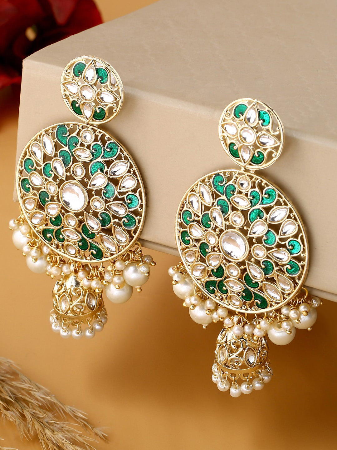 Shoshaa Green & Gold-Polished Kundan Studded Contemporary Jhumkas Earrings | Swadesiicart