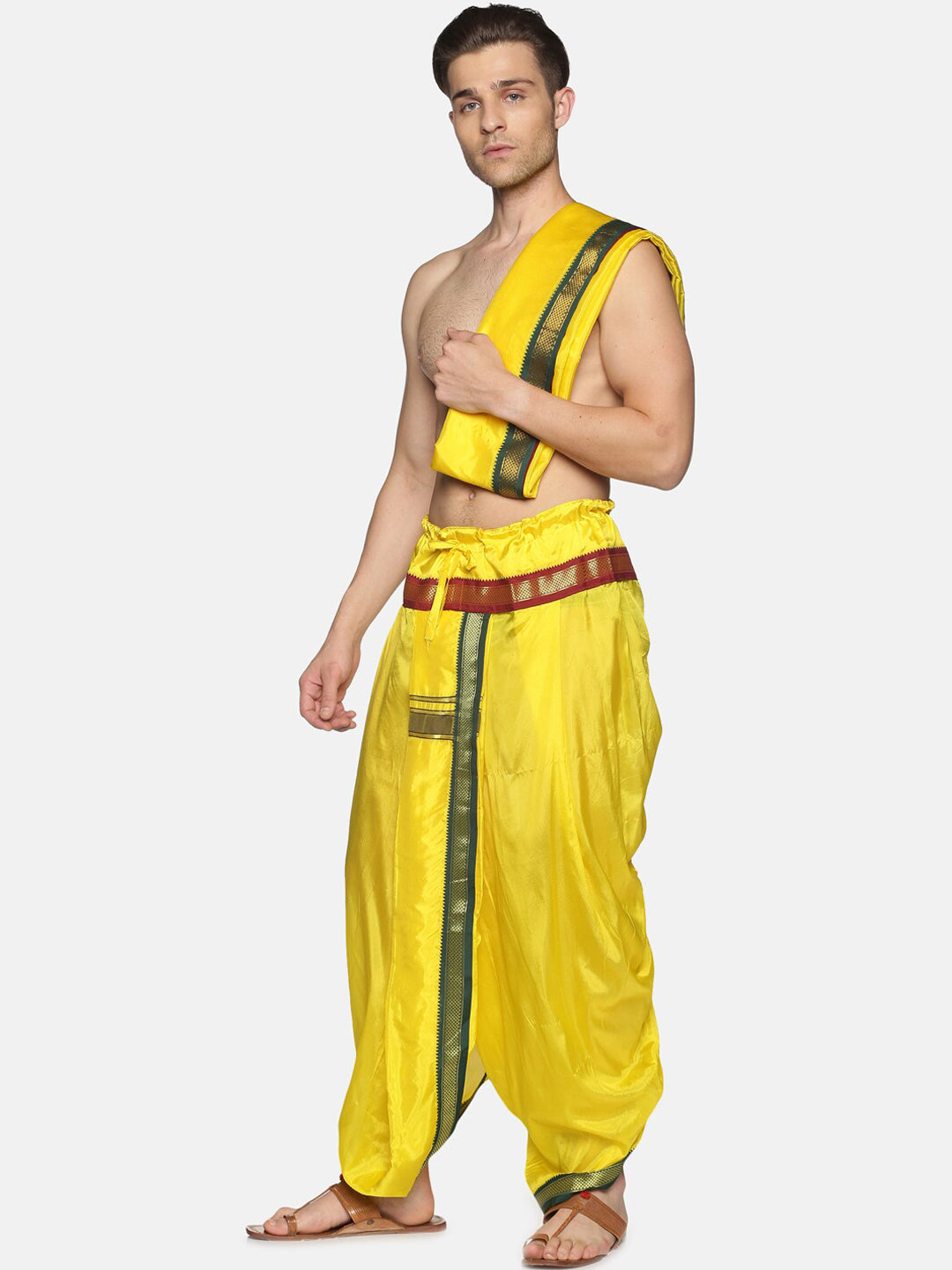 Sethukrishna Men Yellow Readymade Dhoti Pant & Angavastram | Swadesiicart