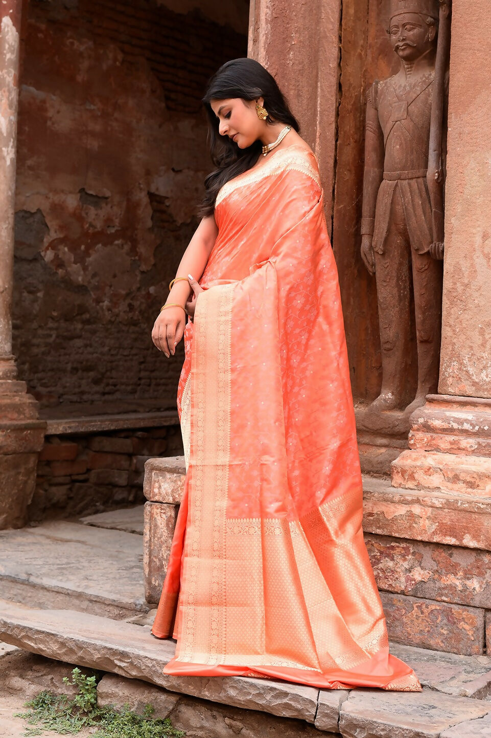 Joban Fashion Peach Banarasi Katan Pure Handloom Banarasi Silk Saree | Swadesiicart