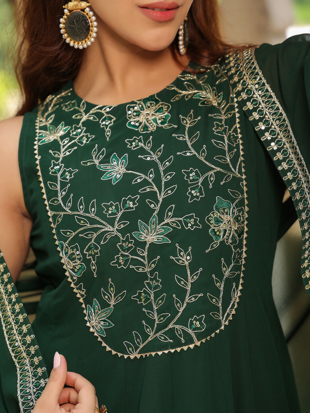 Janasya Dark Green Georgette Embroidered Dress & Jacket | Swadesiicart