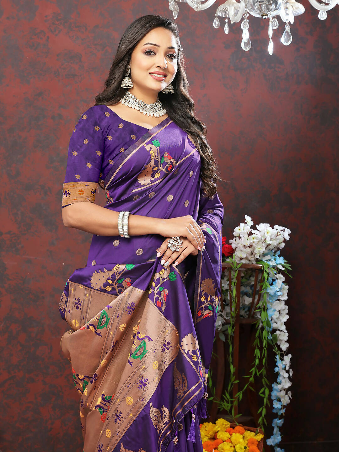 Lorenvalley Fashion Purple Soft Paithani Silk Woven Design Copper Zari Meenakari Weaving Saree - Swadesiicart