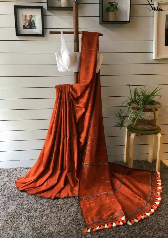 Exclusive Collection Khadi Cotton Handloom Khesh Saree With Blouse Piece - Rust - Swadesiicart