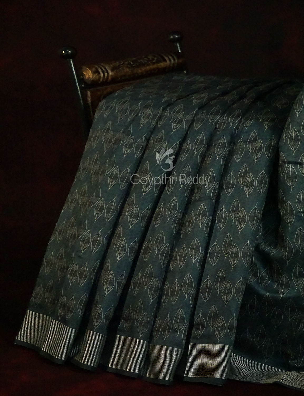 Grey Mixed Indigo Blue Colour Block Print Semi Chanderi Saree By Gayathri Reddy Designer Studio | Swadesiicart