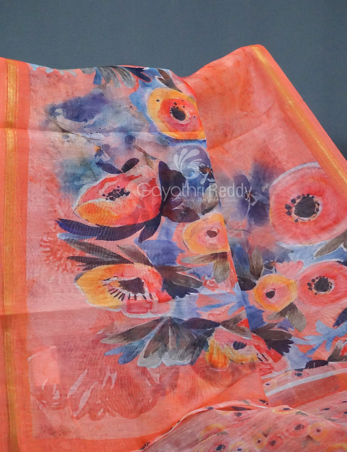Shades of Tomato Pink Floral Print Semi Chanderi Saree By Gayathri Reddy Designer Studio | Swadesiicart